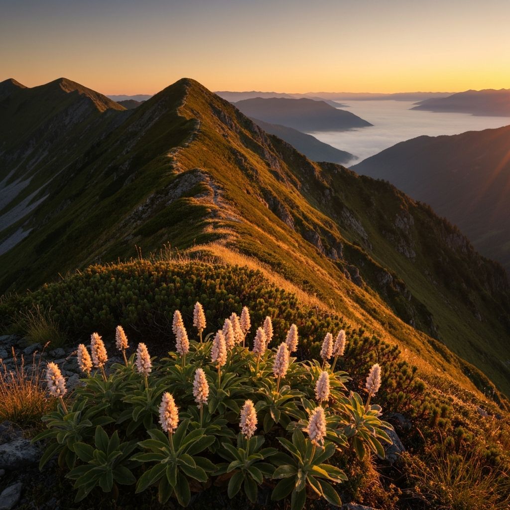 Mountain ridge at dawn with alpine plants